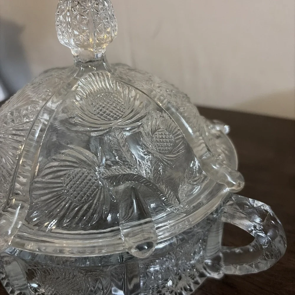 Antique Higbee Panelled Thistle Domed Round Covered Butter Dish Glass Bee UV Glo